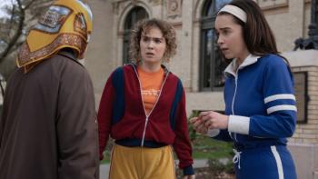 Ponies TV show screenshot 1: Twila and Bea talk to a woman in a scarf who faces away from the camera; Bea holds a piece of paper 