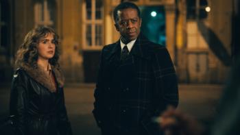 Ponies TV show screenshot 3: Twila and Dane are together on a dark Moscow street in evening clothing; both look discomfited