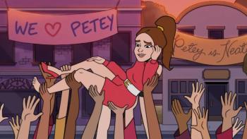 Praise Petey: Petey is held up by the hands of her followers as she crowd surfs. A banner reads "We love Petey" above her body. 