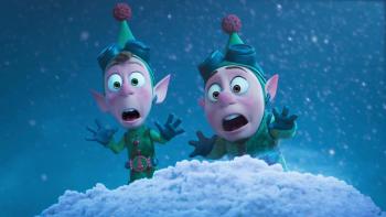 Prep & Landing The Snowball Protocol TV show screenshot 1: Larry and Wayne stand on top of a roof covered in snow, waving their hands in despair.