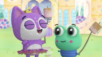 Princess Penelope's Purse of Preposterous Things TV show screenshot 2: Princess Penelope smiles and celebrates while Sil holds a burnt marshmallow.