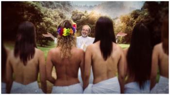 Rael: The Alien Prophet TV show screenshot: A smiling man in a white robe stand in a lake smiling and looking at four people looking back at him dressed only in sheets wrapped around their waists