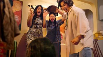 Ratu Ratu Queens TV show screenshot 1: Chinta, Party, and Ance stand threateningly over Biyah, who is on the floor cowering