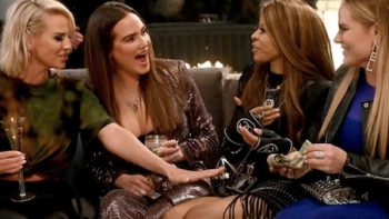 The Real Housewives of SLC screenshot 2: Four of the housewives sitting together drinking beverages.