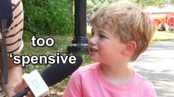 The words "too 'spensive" are overlaid over a blond male kid.