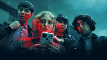 Red Rose TV show: Wren, Antony, Ash, and Tax stare at a phone together; they wear school uniforms and are grouped together beneath a forbidding sky