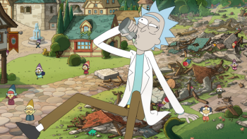 Rick and Morty: Season 7: A huge Rick drinks from a flask as he sits down amidst the wreckage of a village of tiny troll-like people