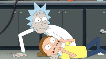 Rick and Morty: Season 7: Rick uses his elbow to hold Morty down on a lab floor, both looking surprised