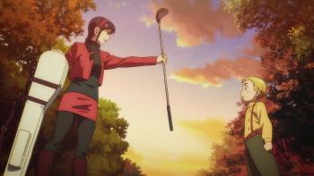 Rising Impact: Kiria, arm outstretched, hands Gawain a golf club. Sun sets behind them.