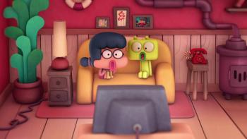 Roger TV: Fatou and Roger are sitting on a couch, watching TV with highly surprised expressions.