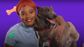 Roman to the Rescue TV Show: veterinarian Aziza with a dog