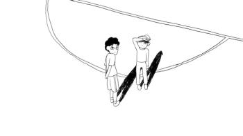 Samuel and a classmate stand on the basketball court at school