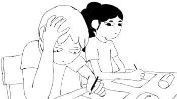 Samuel sits at a schooldesk next to Mabel, both of them writing something on paper