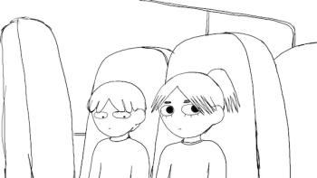 Samuel sits next to his crush Tall Julie on the schooolbus, he looks down nervously