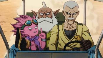 Sand Land screenshot 1: Rao drives a golf cart with Beelzebub, a pink demon, and Thief, a demon with elfish ears.