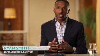 Scam Goddess TV show screenshot 2: ESPN anchor Ryan Smith wears a suit jacket and talks to the camera while sitting at a desk
