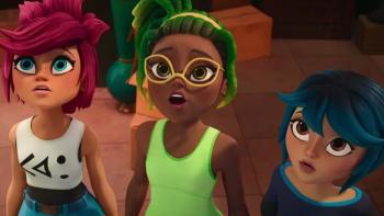  Kitti Katz TV show screenshot 2: Tabs, and her friends Kia and Zami, stand in a museum looking up at an exhibit. 