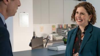 Scrubs TV show screenshot 2: Sibby smiles brightly as she gives J.D. advice about his manner at Sacred Heart