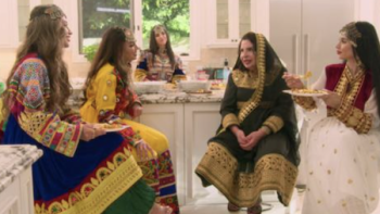 Secrets & Sisterhood TV show screenshot 1: Some of the sisters in traditional dress speak to their mother on Eid. 