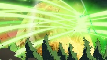 Sentenced to Be a Hero TV Show: A massive explosion attacks the mountainside, bathing the scene in a bright green light