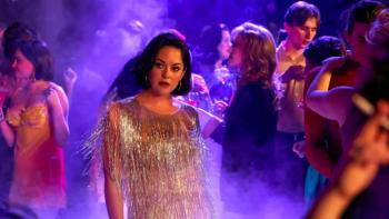 Sexy Beast TV show screenshot 3: Deedee is at the center of this image, in a gold, beaded cocktail dress