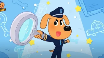 Sheriff Labrador TV: Sheriff Labrador stands tall in front of a blue background in his police uniform pointing a large magnifying glass at the screen.