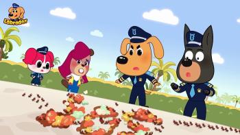 Sheriff Labrador TV: In a park, Sheriff Labrador and his partner examine rotten food on the ground; two civilians with them.