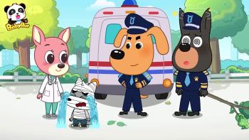 Sheriff Labrador TV: A doctor stands behind a crying kitten covered in bandages outside of an ambulance. Sheriff Labrador and his partner watch.