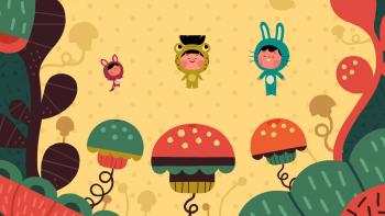 Silly Sundays screenshot 2: Mel, Sonia and Hugo play pretend dressed in animal-shaped onesies. They jump in the air after bouncing on mushrooms.