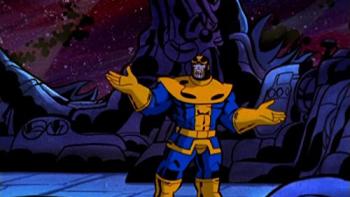 Silver Surfer TV show screenshot 2: The purple-hued villain Thanos stands with his arms outstretched in an explanatory pose