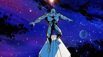 Silver Surfer TV show screenshot 3: Silver Surfer balances on his board on a shimmering purple and black space backdrop