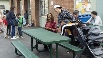 Single Parents TV Series: Miggy and his baby talk with Poppy outside of school. 