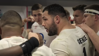 Six Nations: Full Contact TV show screenshot 1: Ellis Genge huddles with team in locker room.