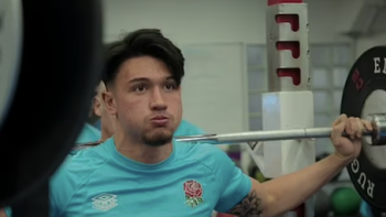 Six Nations: Full Contact TV show screenshot 2: British rugby player lifts weights.