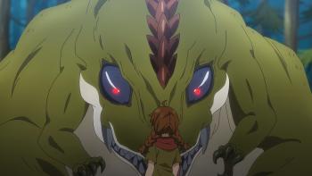 Skeleton Knight in Another World: A large basilisk monster looms over a small child, preparing to attack her.