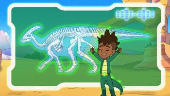 Skillsville TV Show: Dev stands in front of a dinosaur skeleton