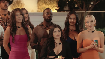 Sneaky Links: Dating After Dark TV show screenshot 3: Contestants stand together listening.