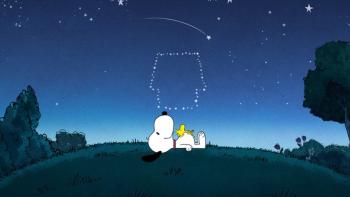 Snoopy Presents There's No Place Like Home Snoopy TV: Snoopy lays on the grass with Woodstock on his belly watching a doghouse shaped constellation.