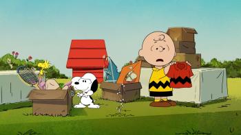 Snoopy Presents There's No Place Like Home Snoopy TV: Snoopy and Charlie Brown prepare a yard sale with boxes and Charlie holding a red shirt.