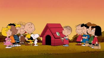 Snoopy Presents There's No Place Like Home Snoopy TV: Peanuts characters gather around Snoopy's doghouse at sunset.