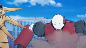 Snowball Earth TV show screenshot 1: Yukio lands on the ground in a cloud of dust next to a yellow intergalactic kaiju