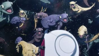 Snowball Earth TV show screenshot 2: A crowd of brown, purple, yellow, and green intergalactic kaiju face a spaceship, looking to attack
