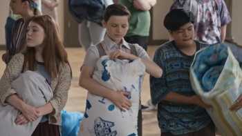 Son of a Critch TV show screenshot 1: Fox, Mark, and Ritchie arrive at school for overnight event. 