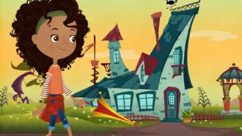 Cartoon of a brown-skinned girl, Manu, in orange t-shirt walks outdoors; stylized blue house in background.