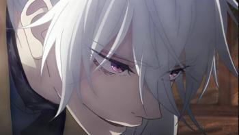 Sparks of Tomorrow TV show screenshot 3: A young white-haired man peers around a corner with a focused expression. 