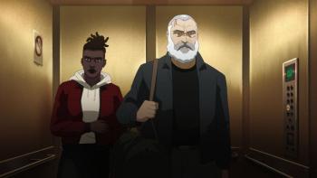 Sam and Zinnia in plain clothes exiting elevator.