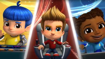 Star Trek Scouts TV: A three-way split screen highlights Sprocket doing the Vulcan salute; JR in his command seat and Roo pushing a lever.