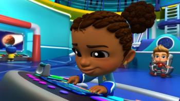 Star Trek Scouts TV: Roo presses buttons in her spaceship station.