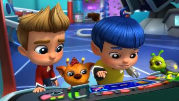 Star Trek Scouts TV: JR and Sprocket stand in front of their spaceship stations with their pets, concentrated on the buttons in front of them.