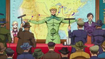 Steel Ball Run: JoJo's Bizarre Adventure: Steven Steel stands in front of a map of America during a press conference.
